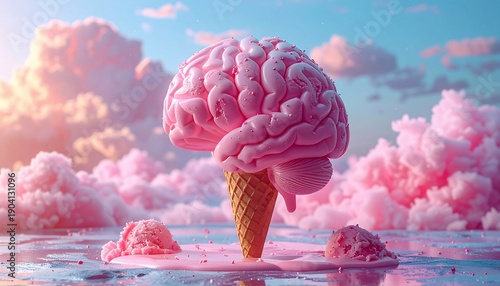 Surreal pink brain ice cream cone melting under a sky with fluffy pink clouds.