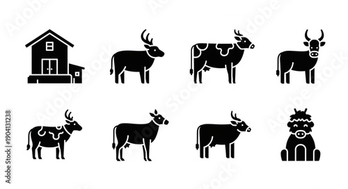 Set of black cow icons and barn silhouette.