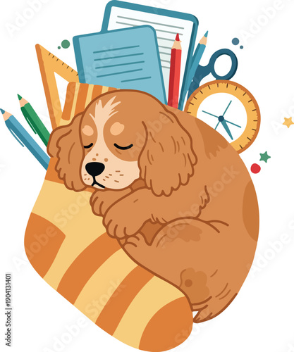 Cute puppy sleeping in sock surrounded by school supplies flat design