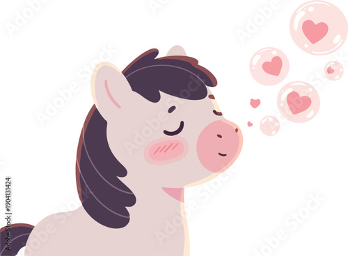 Cute Unicorn Horse Blowing Pink Hearts Bubbles Minimalist Illustration Vector