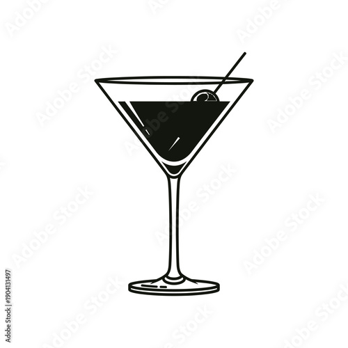 Black martini cocktail glass with olive and stirrer, vector illustration for mockup or icon