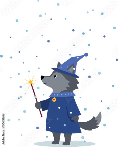 Cute Wolf Wizard In Blue Robe With Wand Magic Snowfall Minimal Illustration