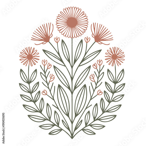 Symmetrical Boho Botanical Floral Logo, Minimalist Line Art Flower Bouquet in Earth Tones