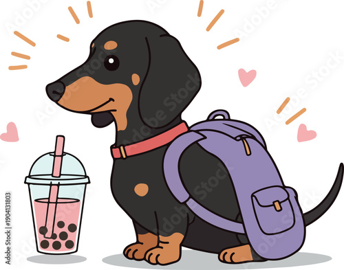 Dachshund Dog With Backpack and Boba Tea Flat Design