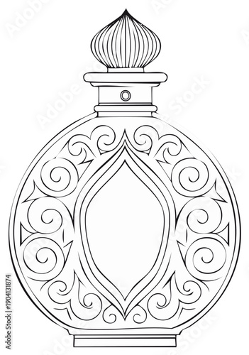 Ornate ornamental perfume bottle with swirls and arabesque pattern