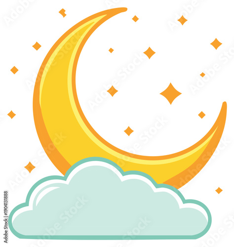 Cute cartoon crescent moon with a cloud and stars. Whimsical night sky illustration for nursery or bedtime.