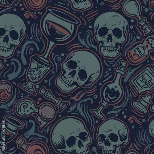 Dark Halloween Pattern Spooky Skulls Potion Bottles Elegant Swirls Deep Blue