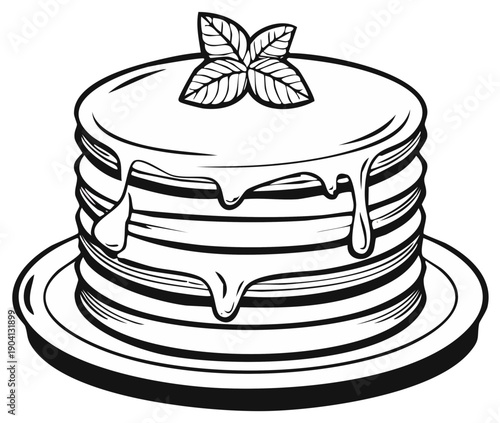 Stack of pancakes with syrup and mint garnish on a plate, graphic illustration