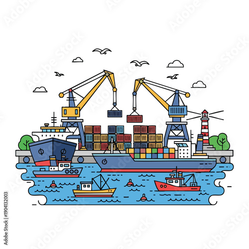 Cargo Ship Unloading Containers at Bustling Port