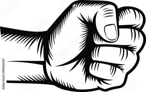 Black and white clenched fist illustration symbolizing strength, power, resistance, solidarity, and protest concept isolated on white background for design and stock use