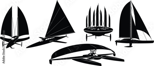 Black silhouette collection of diverse sailing and flying vehicles sailboat yacht
