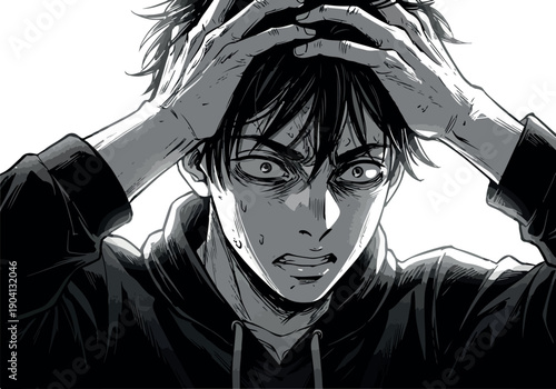 Distressed Young Man Monochrome Pixel Art Hoodie Holding Head Intense Expression