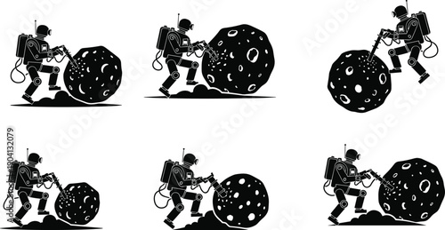 Black silhouette robot astronaut drills asteroid in space exploration