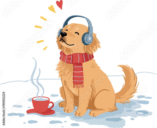 Golden Retriever Dog Wearing Headphones And Scarf Enjoying Hot Drink In Snow