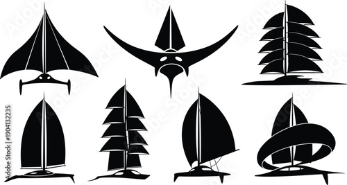 Collection of black silhouette sailing boats and abstract watercraft ship