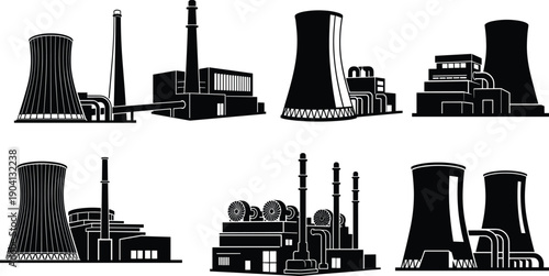 Collection of black and white industrial factory building power plant silhouette