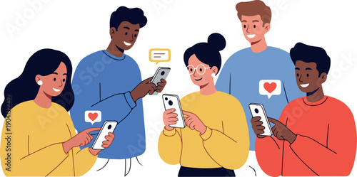 Diverse Group Using Smartphones Connected Via Social Media Icons And Bubbles
