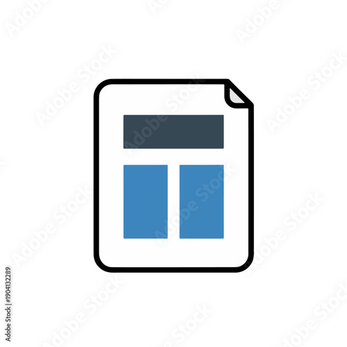 Document file with blue block content. Data file, specific format, or detailed information symbol, flat outline vector.