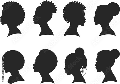 Women afro hairstyle silhouette collection female profile curly bun natural hair beauty fashion portrait isolated vector black illustration