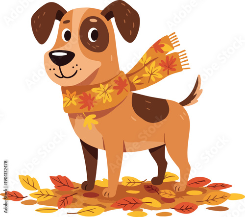 Dog Wearing Autumn Scarf Amidst Fallen Leaves Flat Design