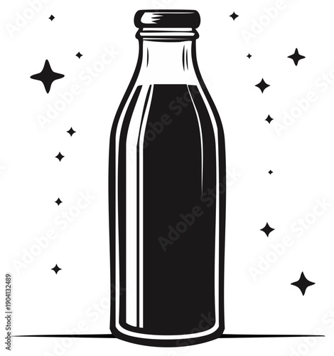 Vintage glass bottle of beverage with stars decoration, monochrome illustration.