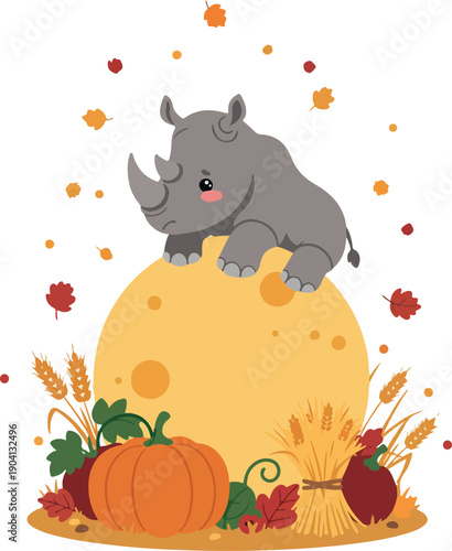 Cute Rhino Sitting On Moon With Pumpkin Autumn Leaves Vector