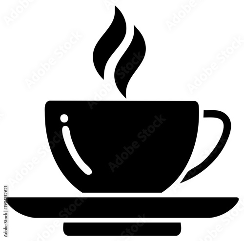Hot steaming coffee cup and saucer icon symbol for cafe beverage service