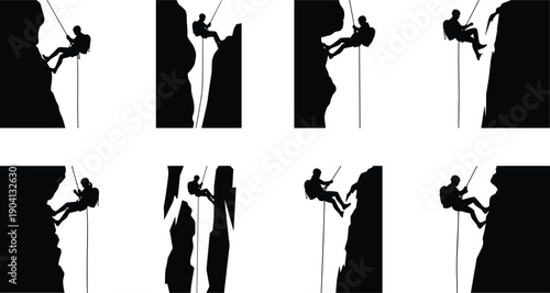 Silhouette of rock climber rappelling down a cliff face rock climbing mountain