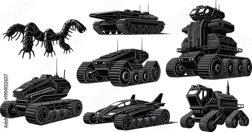 Futuristic black and white sci fi vehicles and creature collection science fiction