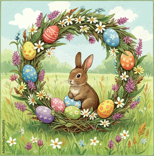Easter Bunny In A Wreath Of Flowers And Eggs In A Field