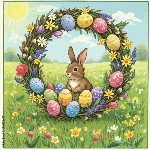 Easter Bunny Wreath with Eggs and Sunlit Meadow Background Vector