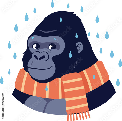 Gorilla Wearing Scarf in Rain Minimalist Flat Design Illustration