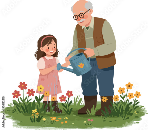 Grandfather and Girl Watering Flowers Together Flat Design