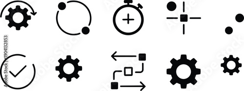 Set of black technical icons on white background featuring gears, clocks and abstract symbols