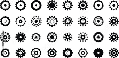 Collection of thirty different black gear icons on white background, various designs