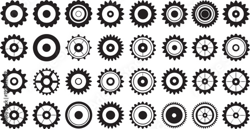 Collection of various black and white gear icons on white background, symbolizing machinery and technology