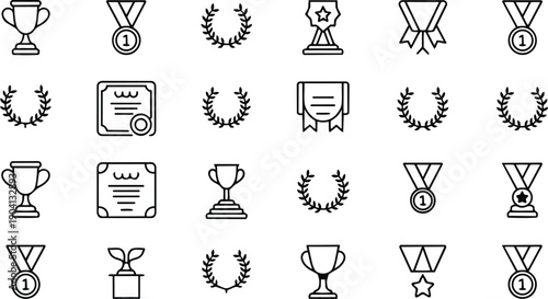 Collection of black line icons representing awards and achievements on white background with minimalist design