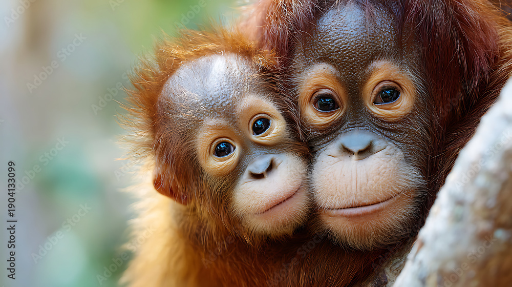 Obraz premium Orangutan infant clinging closely to its mother in soft rainforest light, revealing a powerful bond and emotional depth in wildlife conservation stories.
