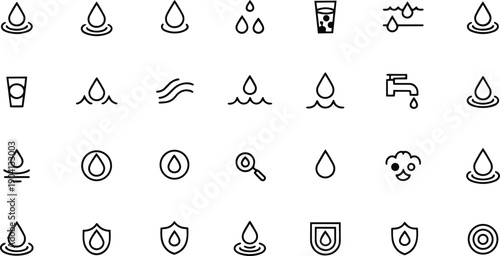 Collection of minimalist water droplet icons in various designs and shapes on white background