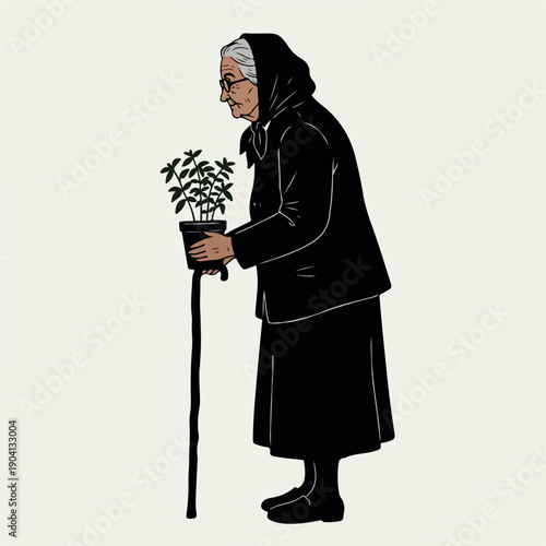 Elderly Woman with Plant and Cane Simple Flat Illustration