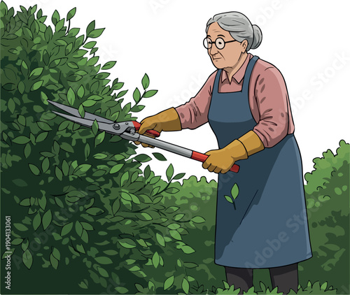 Elderly Woman Trims Green Bushes with Shears Outdoors Flat Illustration