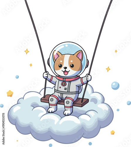 Cute Shiba Inu Dog Astronaut Swinging on Cloud in Space