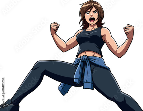 Energetic Woman In Black Outfit Cheering With Hands Raised Pixel Art