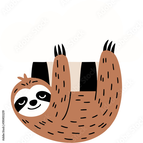 A cute brown sloth hanging lazily from a branch, featuring a simple and charming flat illustration style