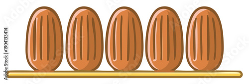 Five brown elongated oval shapes with vertical lines standing on a golden line