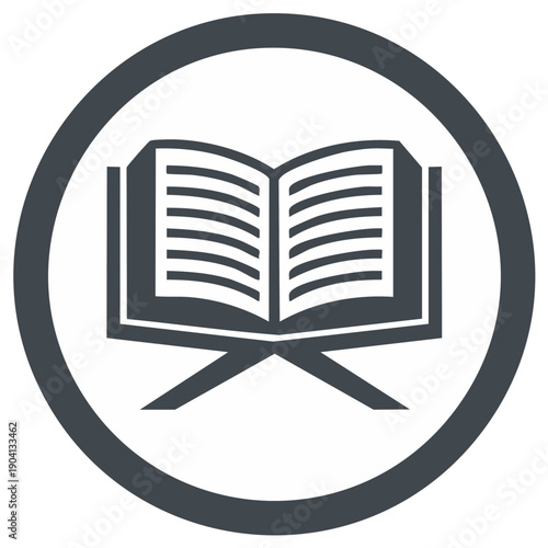 Open Quran icon with stand, sacred book, Islamic symbol in circle