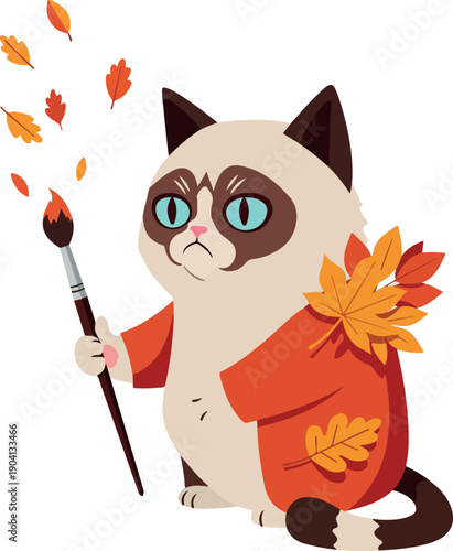 Grumpy Cat Artist Autumn Leaves Minimal Illustration Orange Red