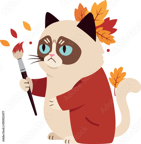 Grumpy Cat Artist in Red Robe with Autumn Leaves and Paintbrush