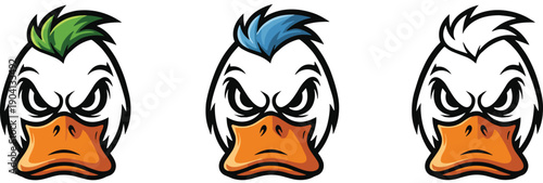 Angry cartoon duck mascot logo set with colorful variations, bold vector bird face illustrations for branding, gaming, sports teams