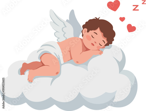 Cute Sleeping Cupid Angel Baby on Cloud with Hearts and Zzzs